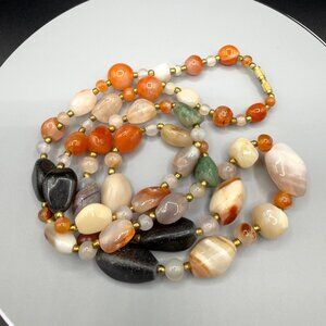 Vintage Beggars Bead Necklace Polished Stone Fall Colors Opera Length 32"